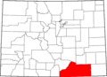 Map of Colorado highlighting Las Animas County