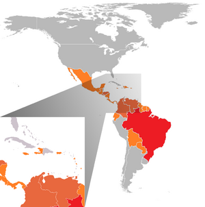 Archivo:Pays américains avec cas confirmés de virus Zika (février 2016)