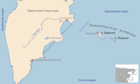 Mapa que muestra la posición de las Islas Comandante, al este de Kamchatka. La isla más grande, en el oeste, es la isla de Bering y la pequeña es isla Medni