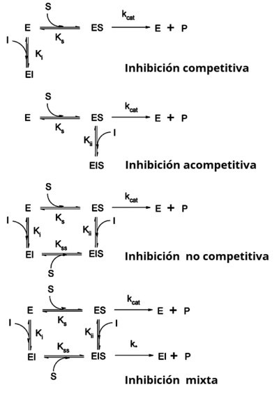 Archivo:Enzyme inhibition schemes-es - esquemas de inhibicion enzimatica