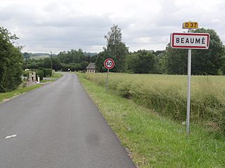 Beaumé (Aisne) city limit sign.JPG