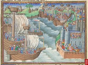 Archivo:Miniature of the Christian fleet approaching Gaeta