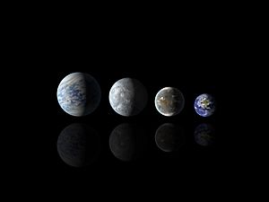 Archivo:Relative sizes of all of the habitable-zone planets discovered to date alongside Earth