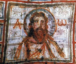 Archivo:· Arte Paleocristiano · Pintura mural de Jesús Cristo · Catacumbas de Comodila, Roma · s. IV d. JC