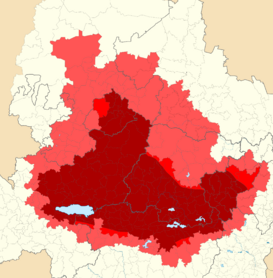 alt=     Mapa del Bajío con base en la definición geográfica.     Mapa del Bajío con base en la división política municipal.      Zona de influencia.