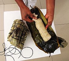Archivo:Cassava Bread - cassava cooked in leaf wrap (Kwanga, Chikwangue)