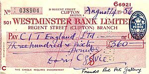 Archivo:English 1956 Westminster Bank cheque of Doris Ogilvie