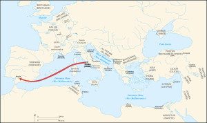 Archivo:Caesar campaigns from Rome to Munda-fr