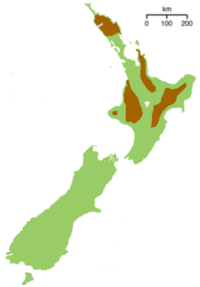 Distribución de Apteryx mantelli (en marrón) en Nueva Zelanda.
