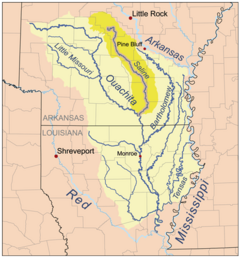 Noturus lachneri solo se encuentra en el Río Saline (en amarillo oscuro) y en otros pequeños afluentes del Río Ouachita, en Arkansas, EE. UU.