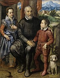 Archivo:Sofonisba Anguissola, Portrætgruppe med kunstnerens fader Amilcare Anguissola og hendes søskende Minerva og Astrubale, ca. 1559, 0001NMK, Nivaagaards Malerisamling