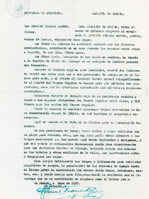 Archivo:Informe de Cosme Iraundegui, alcalde de Zumaia, sobre Ignacio Zuloaga, mayo 1937