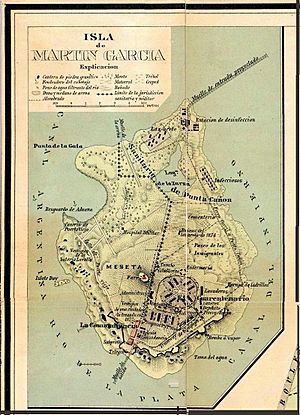 Archivo:Antiguo mapa de la Isla Martín García, donde se puede observar el importante trazado ferroviario tipo Decauville que servía a las distintas dependencias