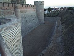 Vista del foso y de la muralla exterior del castillo de Medina del Campo