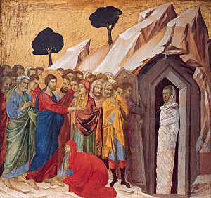Archivo:'The Raising of Lazarus', tempera and gold on panel by Duccio di Buoninsegna, 1310–11, Kimbell Art Museum