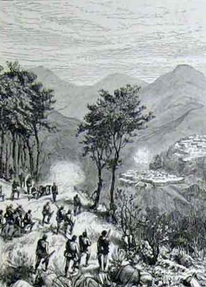 Archivo:First Shell Fired At Howsatta's Village - ILN 1889