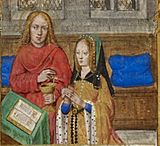 Joanna of Castile praying, accompanied by John the Evangelist, Hours of Joanna of Castile, Bruges, between 1496 and 1506, Additional 18852, f. 288 detail