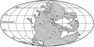 Archivo:Pangea - 260 Ma - with Archosauromorpha fossil locations