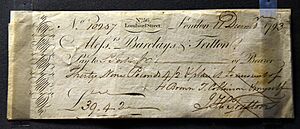Archivo:Barclays and Co. cheque. For 39 pounds, 4 shillings, and 2 pence. Issued in London by Messrs Barclay and Tritton, 1793. On display at the British Museum in London