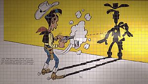 Charleroi - Parc (station de métro) - Lucky Luke - l'homme qui tire plus vite que son ombre - céramique - 01.jpg