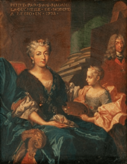 Archivo:Charlotte Aglaé d'Orléans (future Duchess of Modena) in 1733 with her daughter overlooked by a portrait of her husband by then Hereditary Prince by Nicolas de Largillière