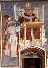 14th-century unknown painters - St Ambrose Enthroned Flagellating Two Heretics - WGA23910