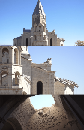 Archivo:Damaged Ghazanchetsots Cathedral in Shushi
