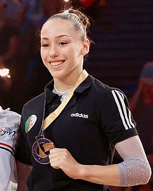 Gymnast Kaylia Nemour medalling on bars 2023.jpg