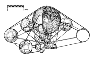 Archivo:Interstellar vessel of Island One size, ion-driven, Don Davis, 1977