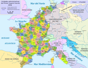 Archivo:Map administrative divisions of the First French Empire 1812-es