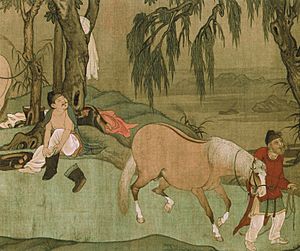 Archivo:9 Zhao Mengfu. Bathing Horses. 28.1 x 155.5 cm Detail of the scroll. Palace Museum, Beijing