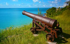 Archivo:Antiguos cañones frente a las aguas turquesas del Caribe (Fort James)