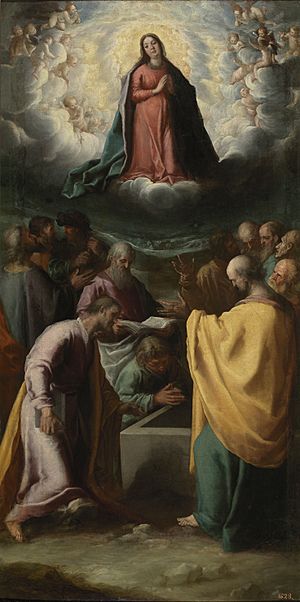 Archivo:E Cajés Adoración de la Virgen 1603. 1,40 x 0,71 cm. Depósito del Museo del Prado