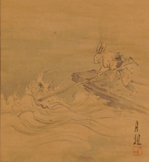 Archivo:Rabbit's Triumph - climax of the Kachi-kachi Yama.markings of Ogata Gekko.detail - image for k-k y article.version 1.wittig collection - painting 22