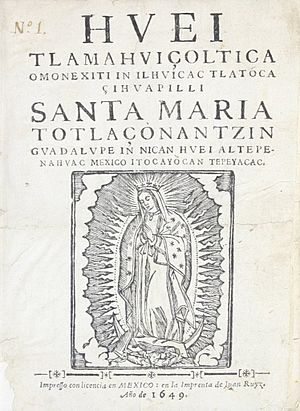 Archivo:Luis Lasso de la Vega - Nican Mopohua Hvei tlamahvçoltica amonexiti in ilhvicac tlatoca çihvapilli Santa María Totlaçonantizn 1649