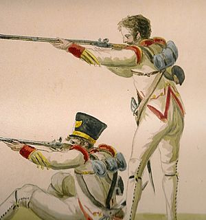 Archivo:Soldados españoles en 1820. Acuerela de Theubet de Beauchamp en Trajes y vistas de México
