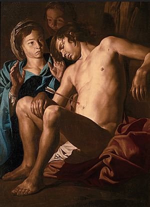 Archivo:Matthias Stom - St. Sebastian tended by St. Irene and a slave girl