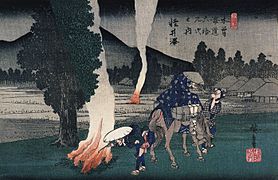 Hiroshige Travellers lighting their pipes by a fire