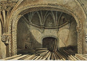 Archivo:Ruinas del convento de la Santísima Trinidad de Burgos (1852)