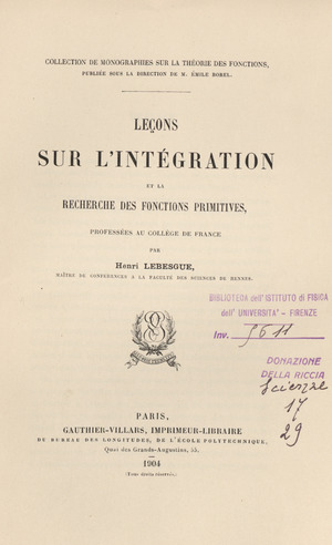 Archivo:Lebesgue - Leçons sur l'integration et la recherche des fonctions primitives, 1904 - 3900788