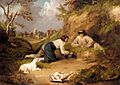 Two men hunting rabbits with their dog (Morland)