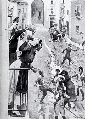 Archivo:1908-05-02, Blanco y Negro, El dos de mayo en Madrid, Escenas en la calle de Cuchilleros, Huertas (cropped)