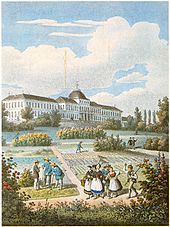 Archivo:JH Renz - Königlich-Würtembergisches Land- und Forstwirthschaftliches Institut Hohenheim (kol Litho 1845) oR
