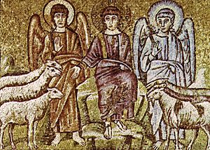 Archivo:Ravenna, sant'apollinare nuovo cristo divide le pecore dai capretti (inizio del VI secolo)