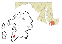 Somerset County Maryland Incorporated and Unincorporated areas Crisfield Highlighted.svg