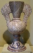 Vase with scalloped handles, Spain, 14th century, glazed stone-paste, underglaze-painted, overglaze-painted luster, HAA