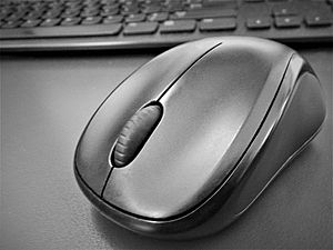 Archivo:A computer mouse, black and white, retouched, keyboard visible in background