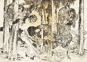Una mujer hace una ceremonia ritual maldiciendo, por Hokusai.