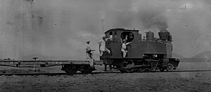 Archivo:Hacienda de Dante Cusi, Ferrocarril Agrícola de Lombardía y Nueva Italia, Michoacán, Mexico circa 1920's. Locomotora 2-6-0T (36in, 914mm) August Borsig, Berlin (no. 7829 de 1911), Type 133, Zellvira 01
