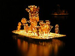 Archivo:Muisca raft Legend of El Dorado Offerings of gold